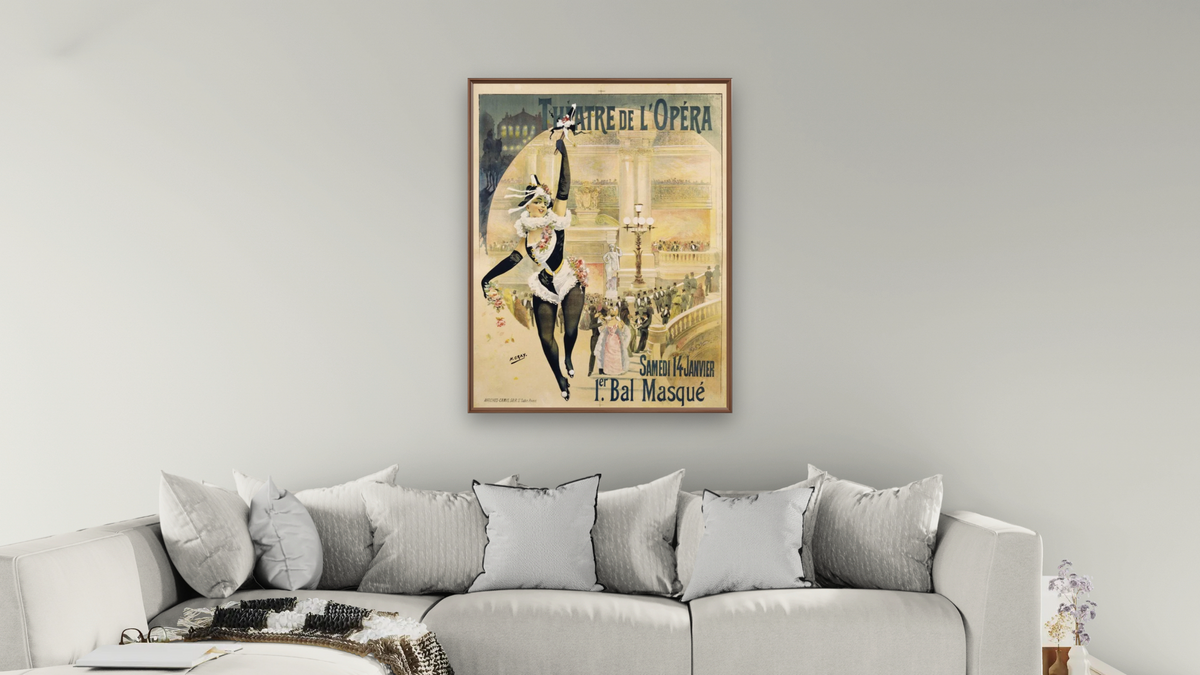 Theatre de l'Opera Poster by Henri Gray, shown at 30 × 40 in (76.2 × 101.6 cm) on canvas in Arber Warm Walnut, living
