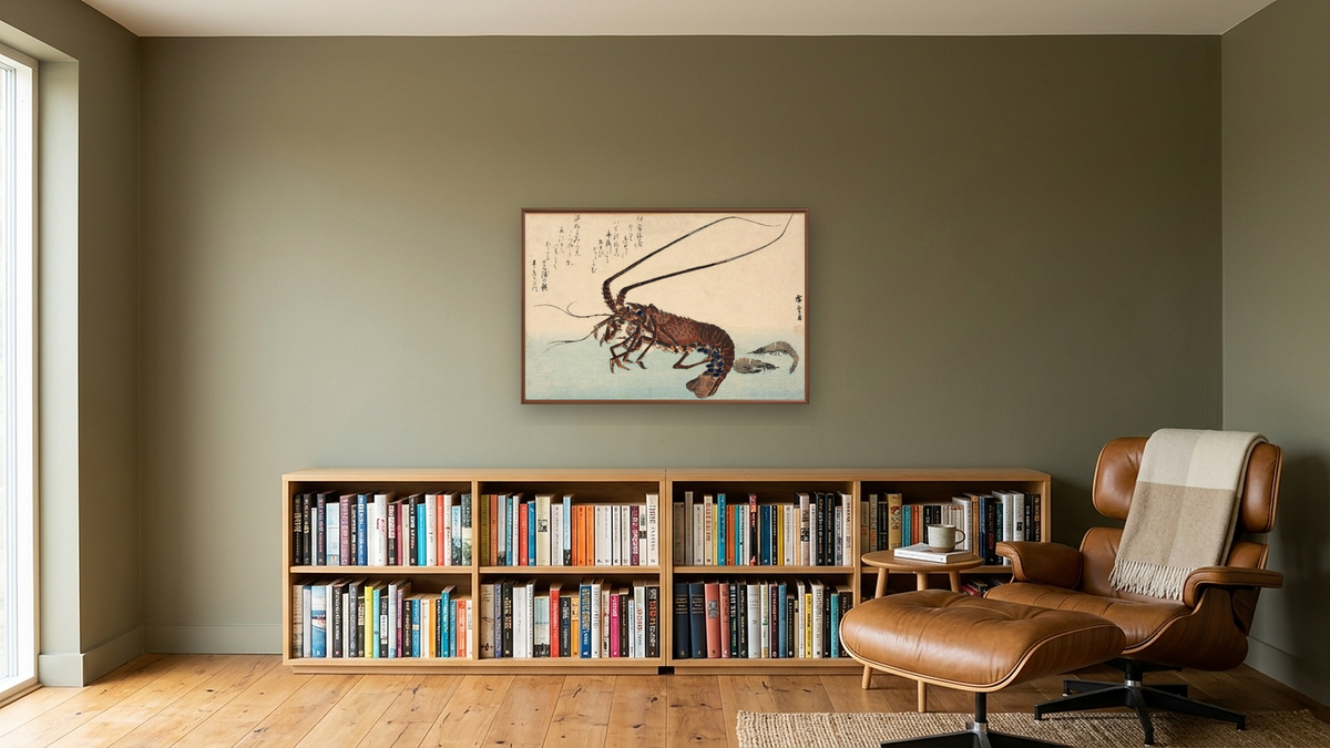Shrimp and lobster by Andō Hiroshige, shown at 28 × 42 in (71.1 × 106.7 cm) on canvas in Arber Warm Walnut, library