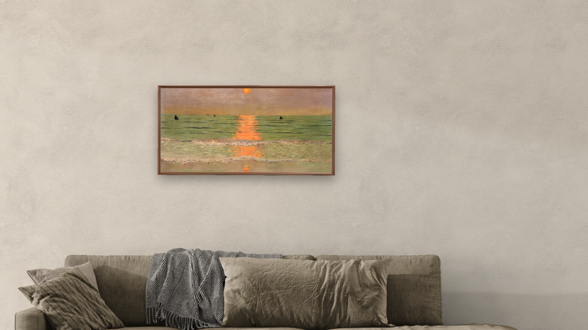 Sunset by Félix Vallotton, shown at 20 × 40 in (50.8 × 101.6 cm) on canvas in Arber Warm Walnut, living