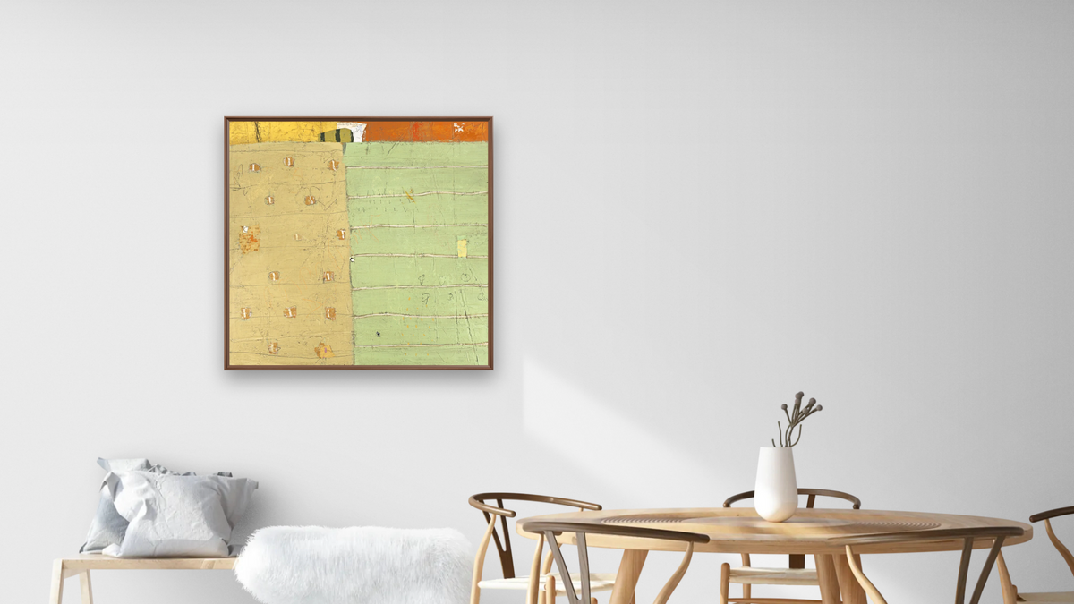 Elasticity by Adele Sypesteyn, shown at 32 × 32 in (81.3 × 81.3 cm) on canvas in Arber Warm Walnut, dining