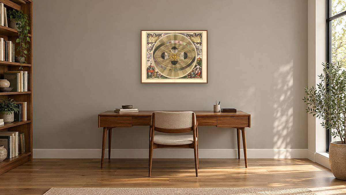 Plate 5 from Harmonia Macrocosmica by Andreas Cellarius, shown at 32 × 40 in (81.3 × 101.6 cm) on canvas in Arber Warm Walnut, library