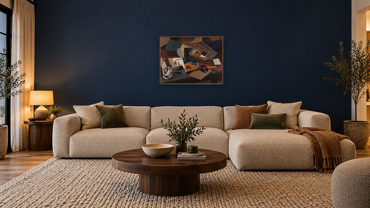 Still Life by Juan Gris, shown at 30 × 40 in (76.2 × 101.6 cm) on canvas in Arber Warm Walnut, media room