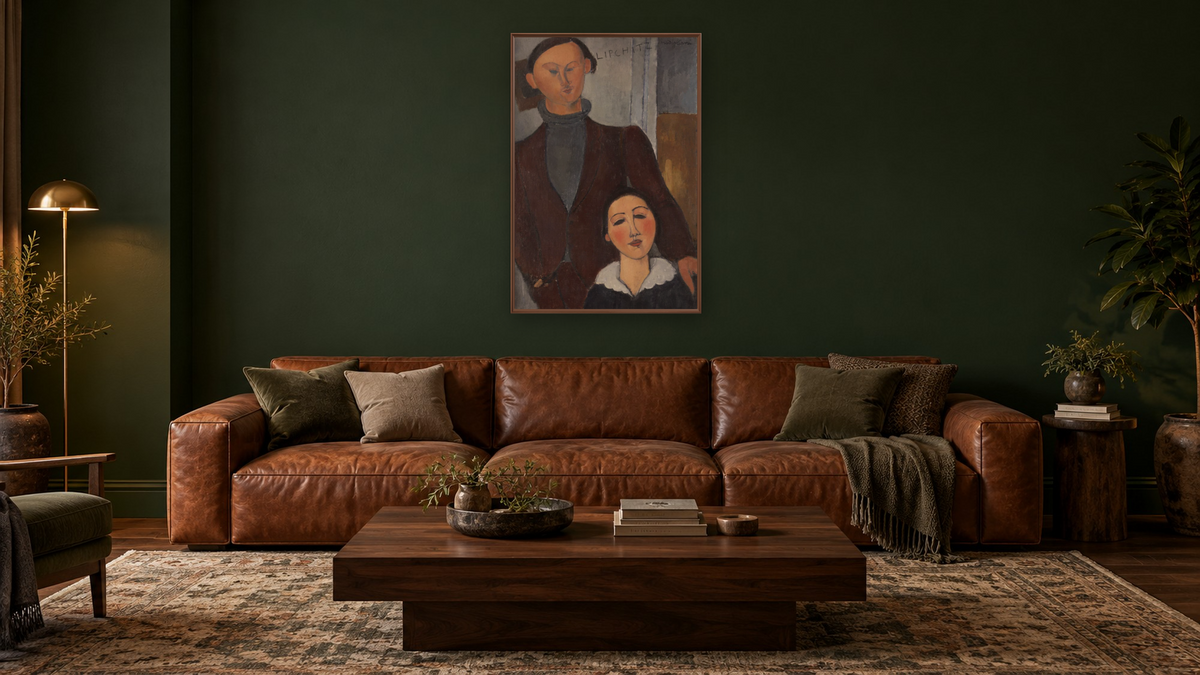 Jacques and Berthe Lipchitz by Amedeo Modigliani, shown at 28 × 42 in (71.1 × 106.7 cm) on canvas in Arber Warm Walnut, den
