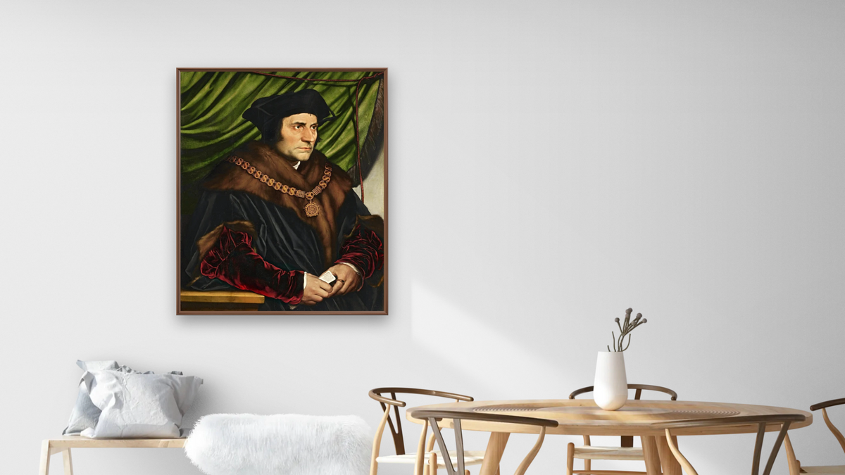 Sir Thomas More by Hans Holbein the Younger, shown at 32 × 40 in (81.3 × 101.6 cm) on canvas in Arber Warm Walnut, dining