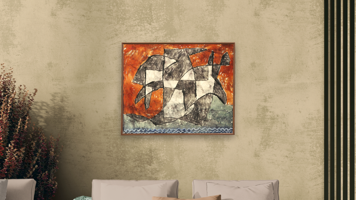 Lake Ghost by Paul Klee, shown at 32 × 40 in (81.3 × 101.6 cm) on canvas in Arber Warm Walnut, living
