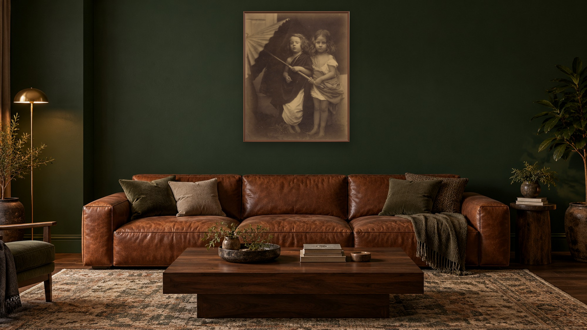 [Paul and Virginia] by Julia Margaret Cameron, shown at 32 × 40 in (81.3 × 101.6 cm) on canvas in Arber Warm Walnut, den