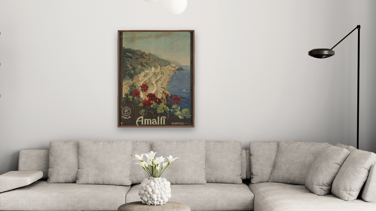 BPL Travel Posters, shown at 30 × 40 in (76.2 × 101.6 cm) on canvas in Arber Warm Walnut, living