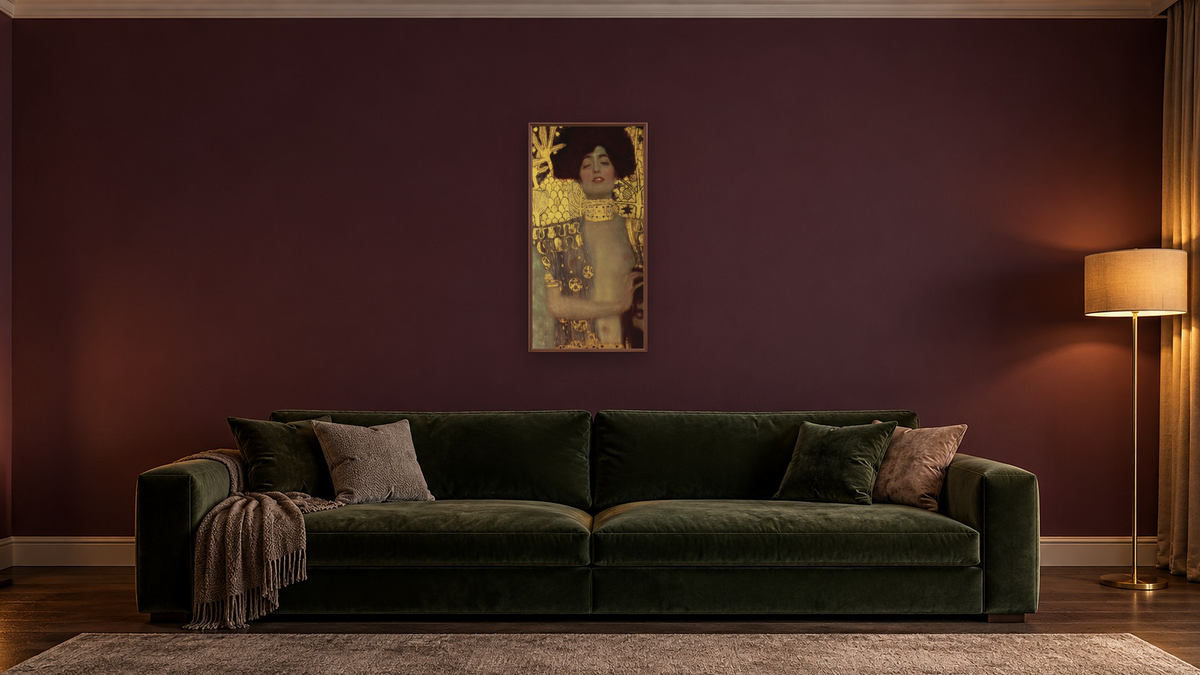 Judith by Gustav Klimt, shown at 20 × 40 in (50.8 × 101.6 cm) on canvas in Arber Warm Walnut, den