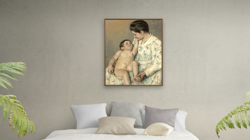 A Caress by Mary Cassatt, shown at 32 × 40 in (81.3 × 101.6 cm) on canvas in Arber Warm Walnut, bedroom [arteriel-render:v6:room_a:32x40@53,37]
