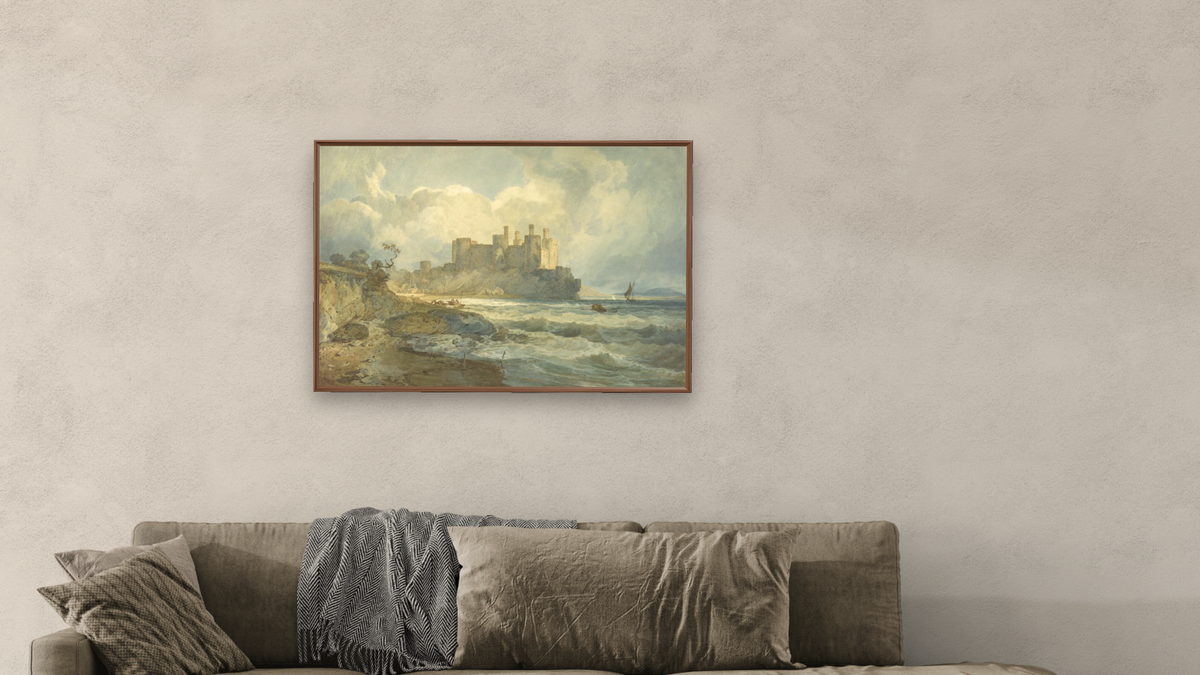 Conway Castle, North Wales by Joseph Mallord William Turner, shown at 28 × 42 in (71.1 × 106.7 cm) on canvas in Arber Warm Walnut, living