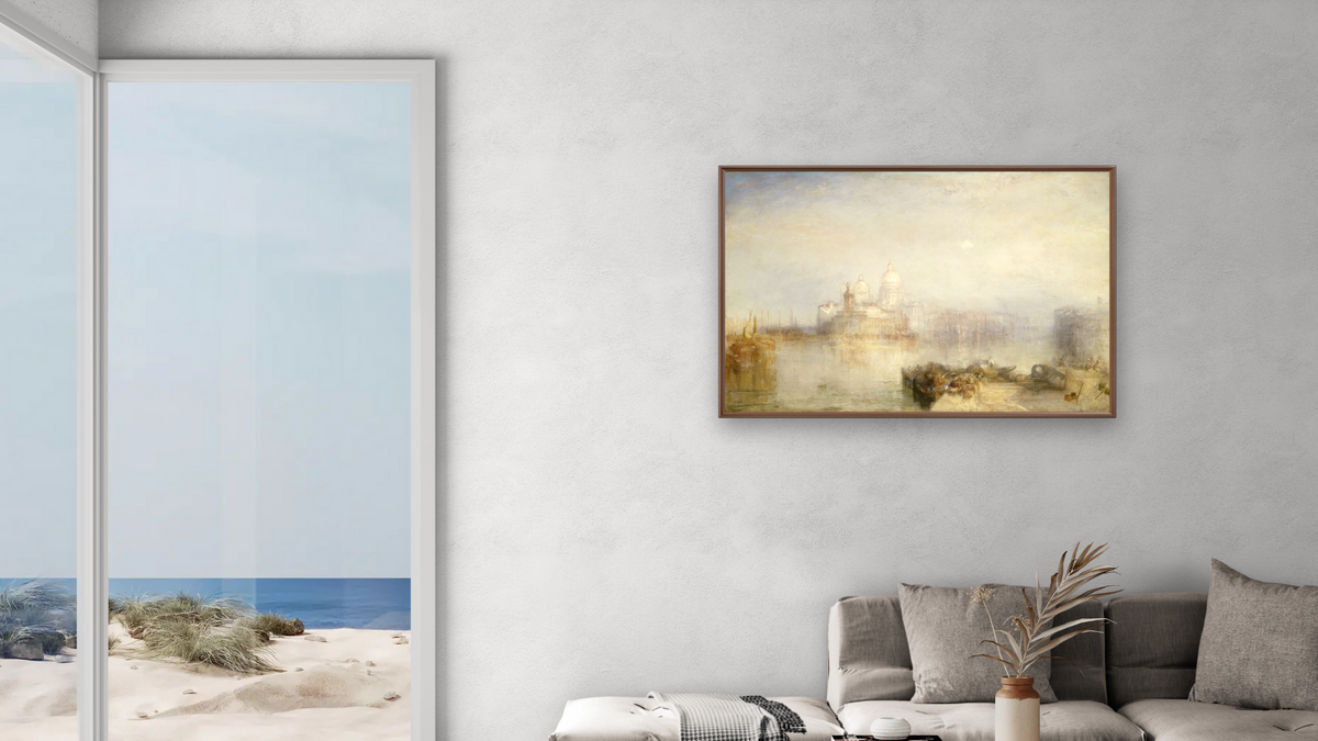 The Dogana and Santa Maria della Salute, Venice by Joseph Mallord William Turner, shown at 28 × 42 in (71.1 × 106.7 cm) on canvas in Arber Warm Walnut, living