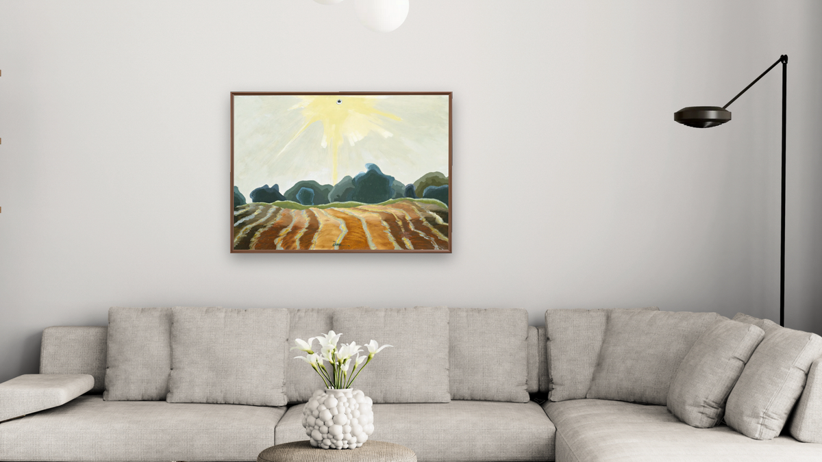 Morning Sun by Arthur Garfield Dove, shown at 30 × 40 in (76.2 × 101.6 cm) on canvas in Arber Warm Walnut, living