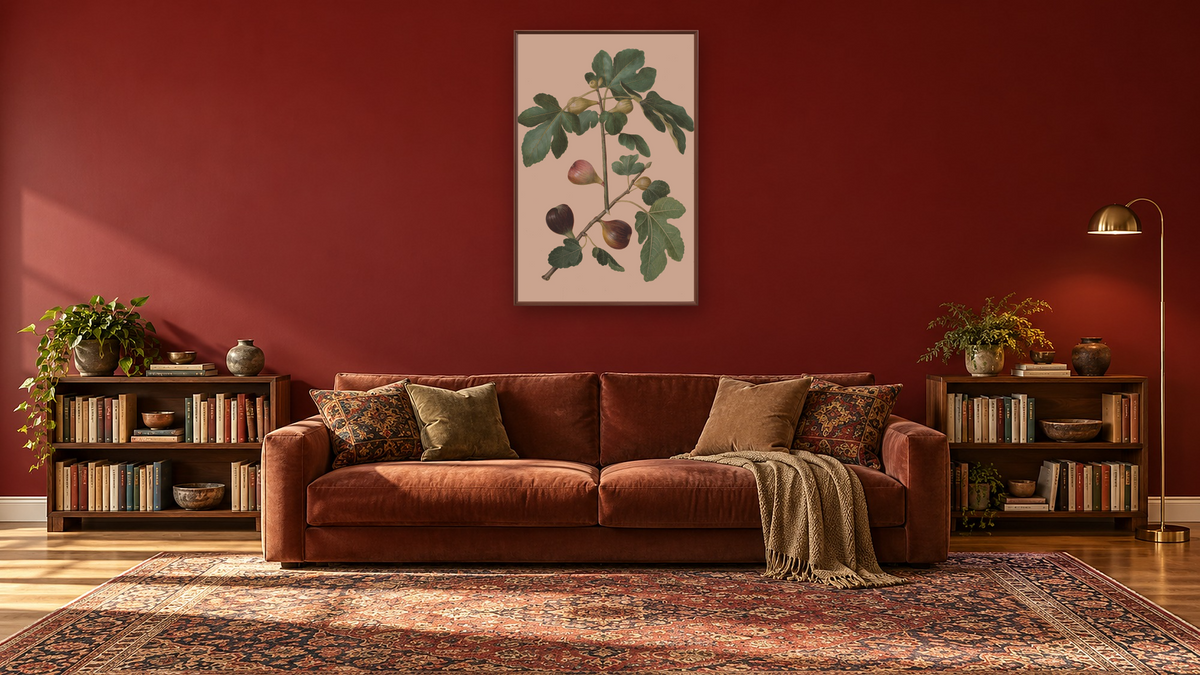 Ficus carica by Johannes Simon Holtzbecher, shown at 28 × 42 in (71.1 × 106.7 cm) on canvas in Arber Warm Walnut, library
