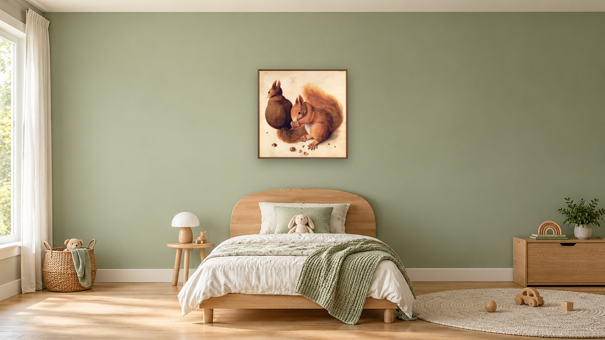 Squirrels by Albrecht Dürer, shown at 32 × 32 in (81.3 × 81.3 cm) on canvas in Arber Warm Walnut, kids' room