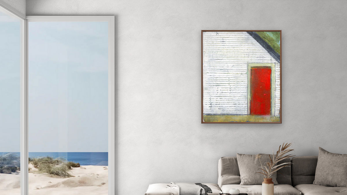 Red Door by Dobee Snowber, shown at 32 × 40 in (81.3 × 101.6 cm) on canvas in Arber Warm Walnut, living