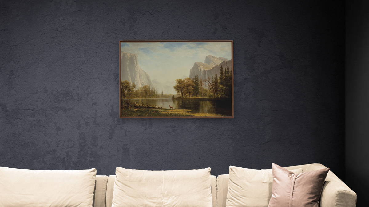 Yosemite Valley by Albert Bierstadt, shown at 30 × 40 in (76.2 × 101.6 cm) on canvas in Arber Warm Walnut, living