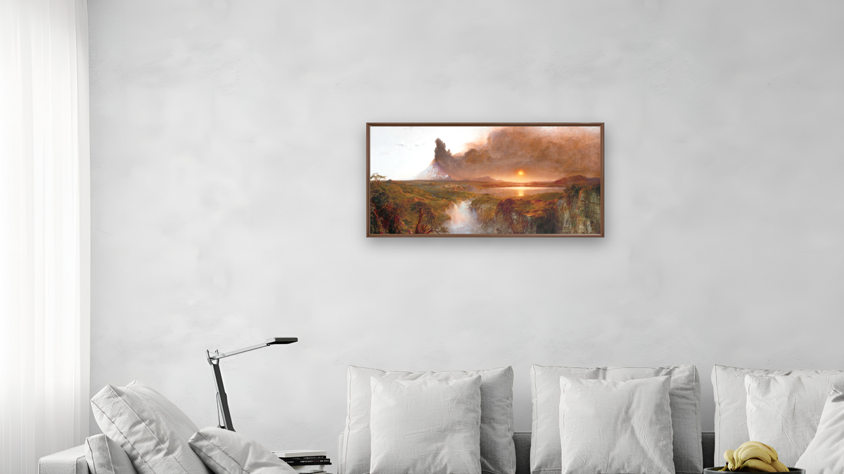 Cotopaxi by Frederic Edwin Church, shown at 20 × 40 in (50.8 × 101.6 cm) on canvas in Arber Warm Walnut, living