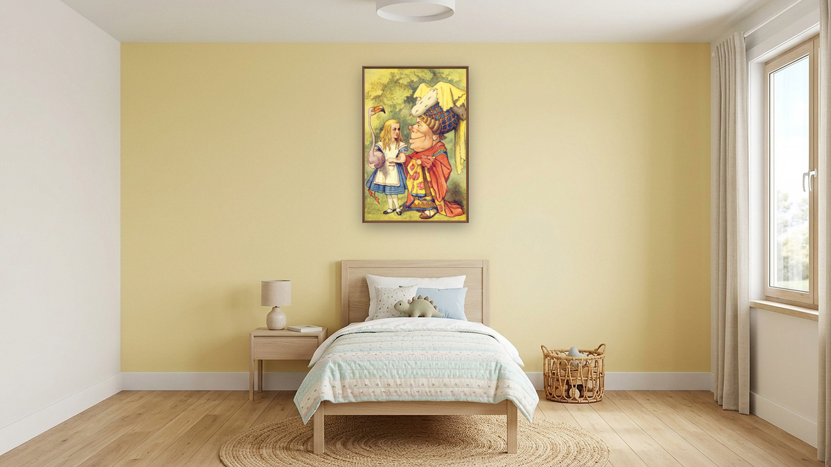 Alice with the Duchess, illustration from 'Alice in Wonderland' by Lewis Carroll by John Tenniel, shown at 28 × 42 in (71.1 × 106.7 cm) on canvas in Arber Warm Walnut, kids' room