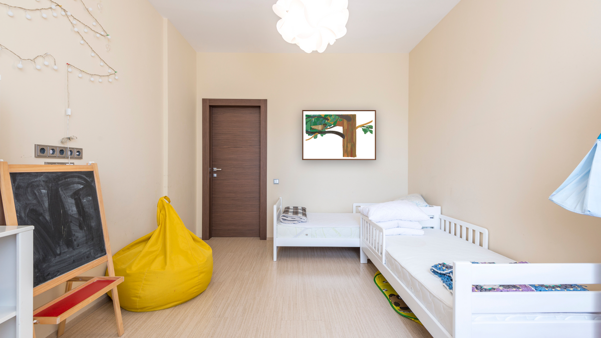 Tico and the Golden Wings by Leo Lionni, shown at 28 × 42 in (71.1 × 106.7 cm) on canvas in Arber Warm Walnut, kids' room