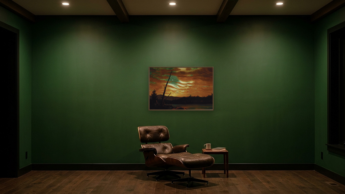 Our Banner in the Sky by Frederic Edwin Church, shown at 28 × 42 in (71.1 × 106.7 cm) on canvas in Arber Warm Walnut, den