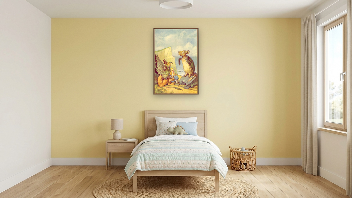 The Mock Turtle and the Gryphon, illustration from 'Alice in Wonderland' by Lewis Carroll by John Tenniel, shown at 28 × 42 in (71.1 × 106.7 cm) on canvas in Arber Warm Walnut, kids' room