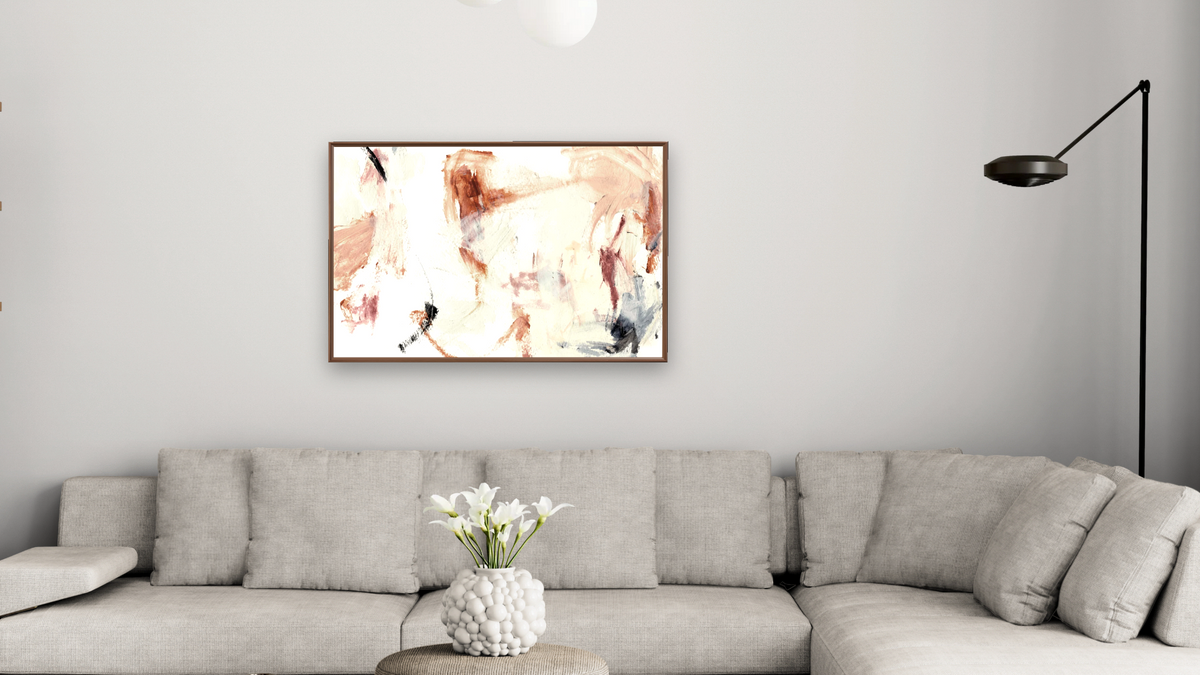Reason by Dan Hobday, shown at 28 × 42 in (71.1 × 106.7 cm) on canvas in Arber Warm Walnut, living