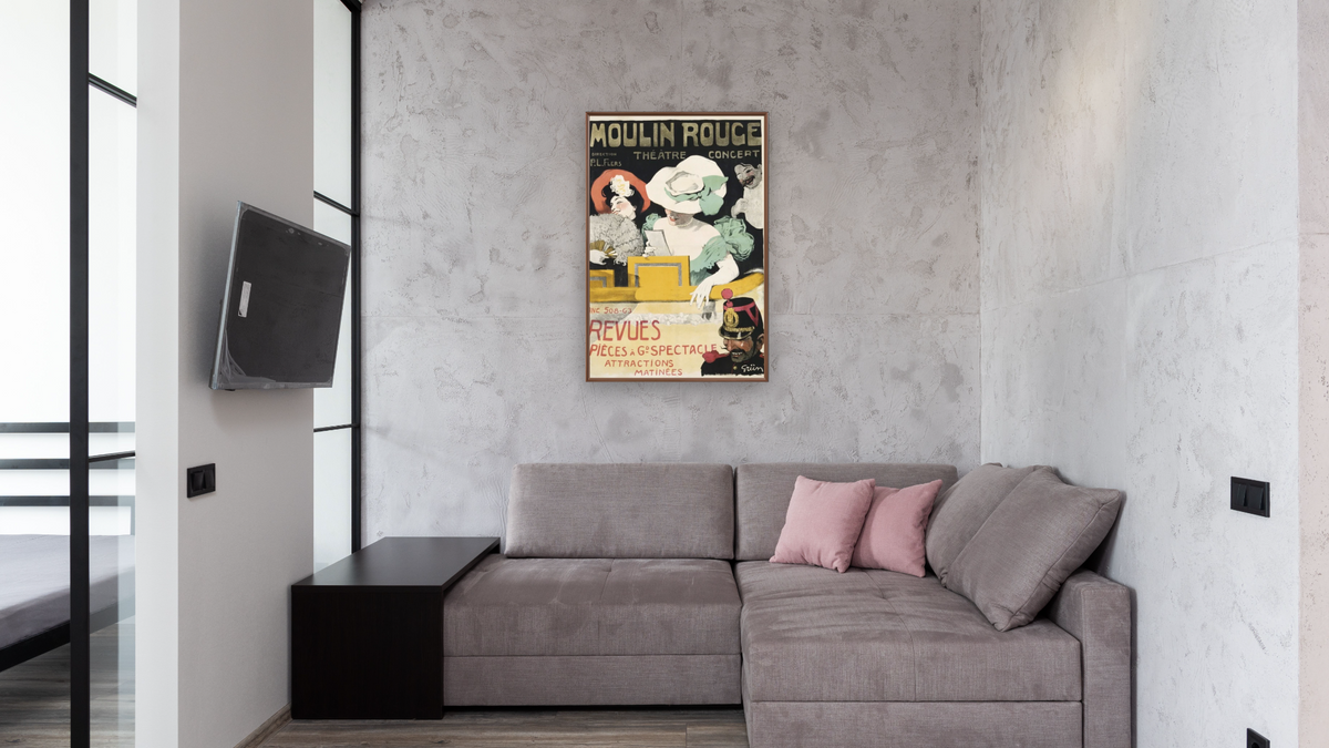 Moulin Rouge Poster by Jules Alexander Grun, shown at 28 × 42 in (71.1 × 106.7 cm) on canvas in Arber Warm Walnut, media room