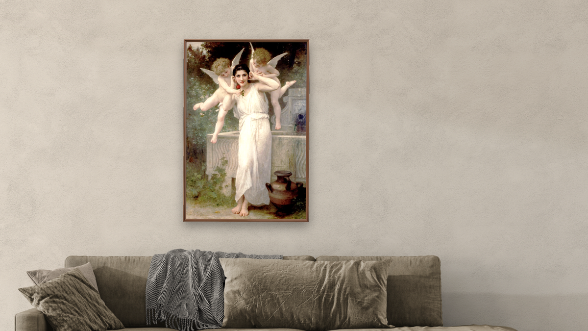 NCP291185074  01 by William-Adolphe Bouguereau, shown at 28 × 42 in (71.1 × 106.7 cm) on canvas in Arber Warm Walnut, living