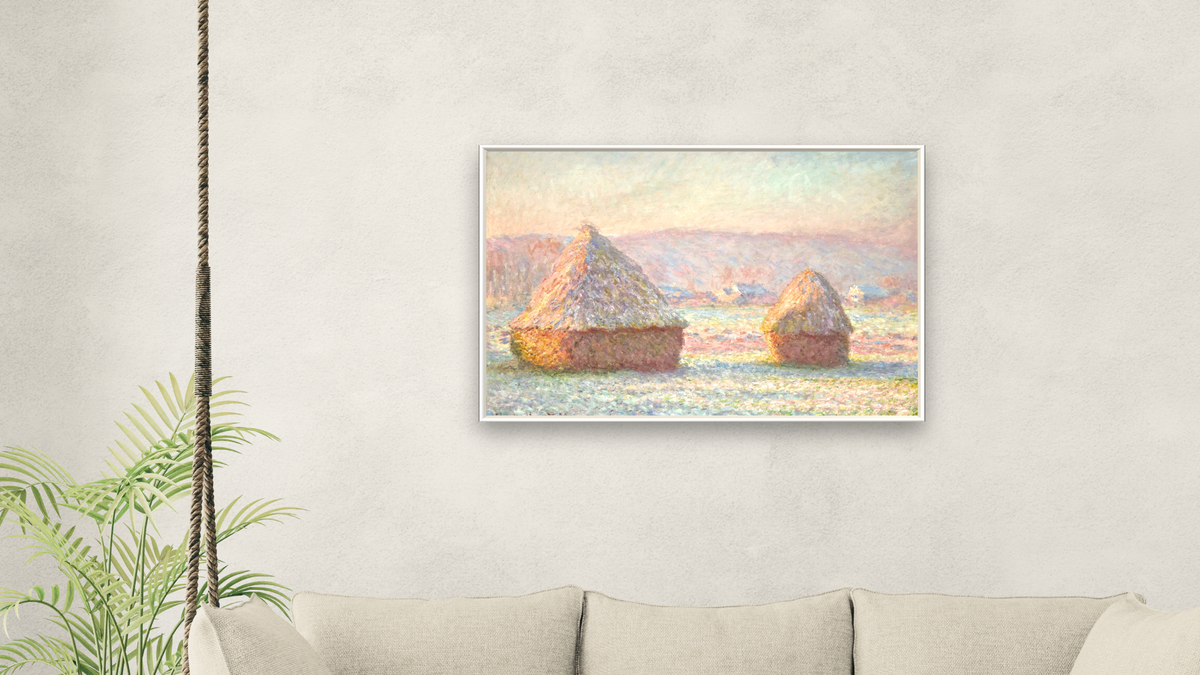 Grainstacks, White Frost Effect by Claude Monet, shown at 28 × 42 in (71.1 × 106.7 cm) on canvas in Arber Warm Walnut, living