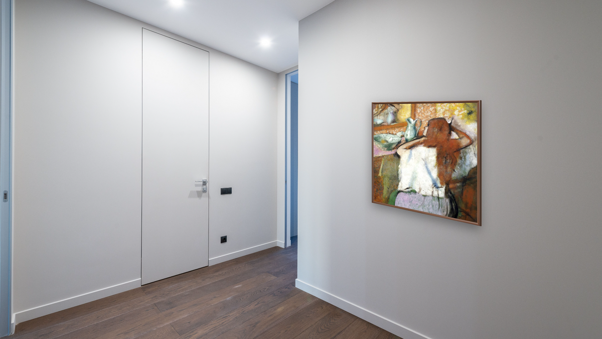Woman at Her Toilet by Edgar Degas, shown at 32 × 32 in (81.3 × 81.3 cm) on canvas in Arber Warm Walnut, hallway