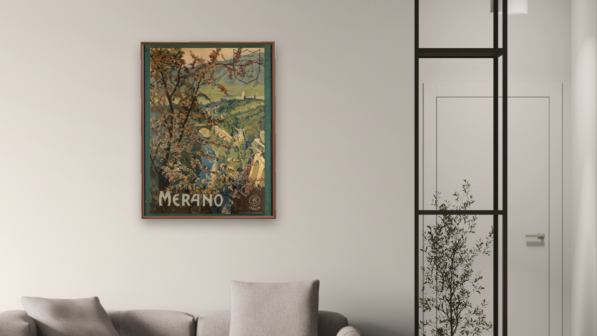BPL Travel Posters, shown at 30 × 40 in (76.2 × 101.6 cm) on canvas in Arber Warm Walnut, living