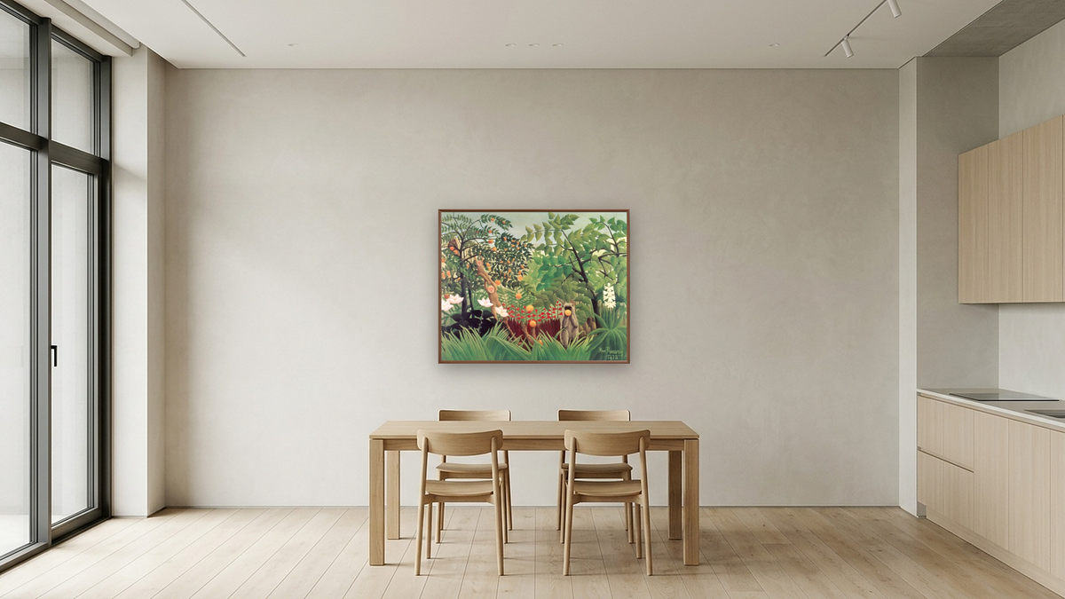 Exotic Landscape by Henri Rousseau, shown at 32 × 40 in (81.3 × 101.6 cm) on canvas in Arber Warm Walnut, kitchen