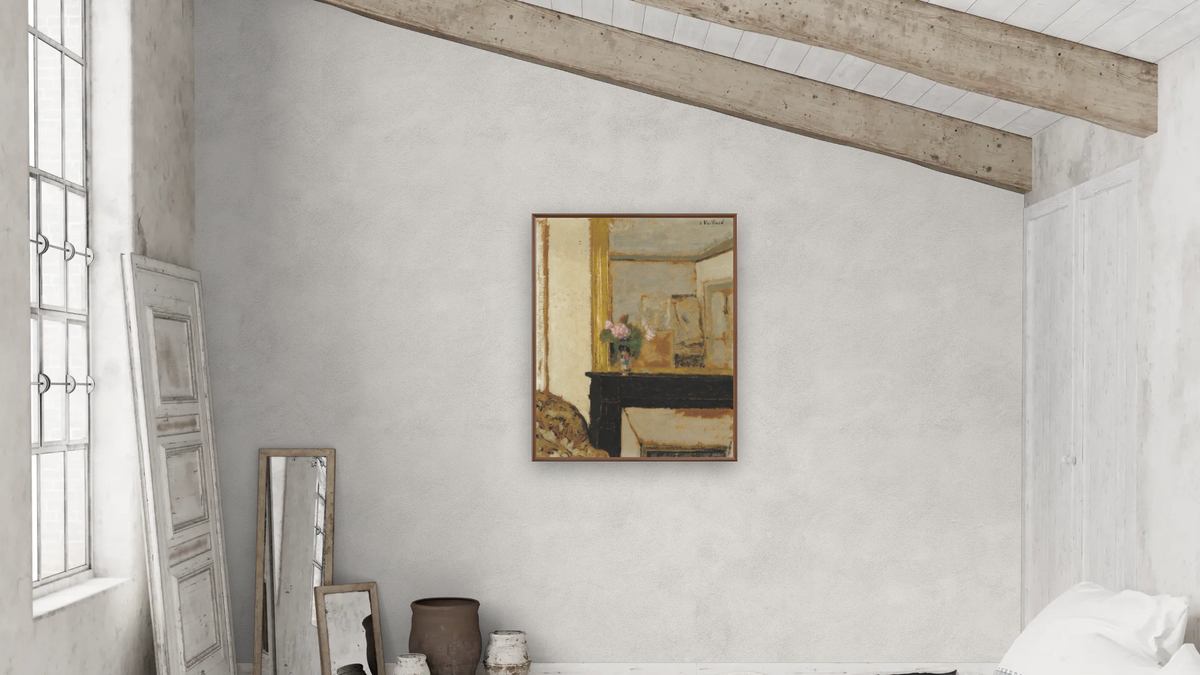 Vase of Flowers on a Mantelpiece by Edouard Vuillard, shown at 32 × 40 in (81.3 × 101.6 cm) on canvas in Arber Warm Walnut, bedroom
