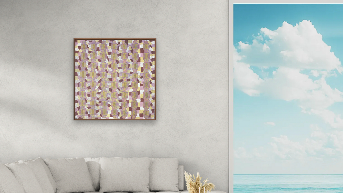 Sweet Potato Dreaming by Paddy Carroll Tjunurrayi, shown at 32 × 32 in (81.3 × 81.3 cm) on canvas in Arber Warm Walnut, living