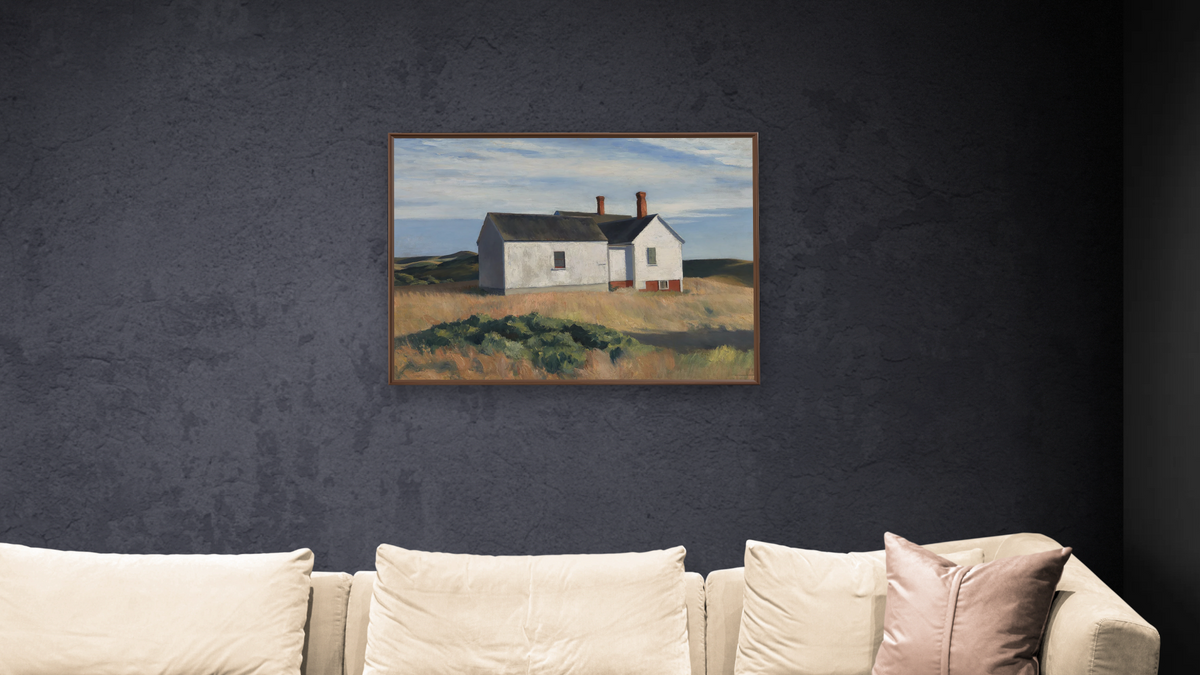 Ryder's House by Edward Hopper, shown at 30 × 40 in (76.2 × 101.6 cm) on canvas in Arber Warm Walnut, living