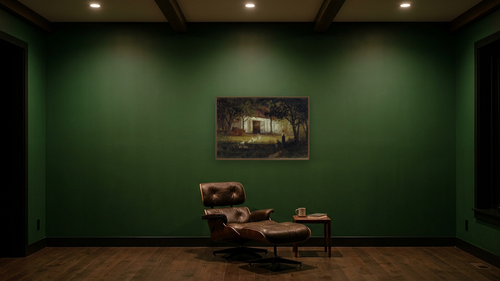 After the Bath by Edward Mitchell Bannister, shown at 28 × 42 in (71.1 × 106.7 cm) on canvas in Arber Warm Walnut, den [arteriel-render:v6:room_a:28x42@52,46]