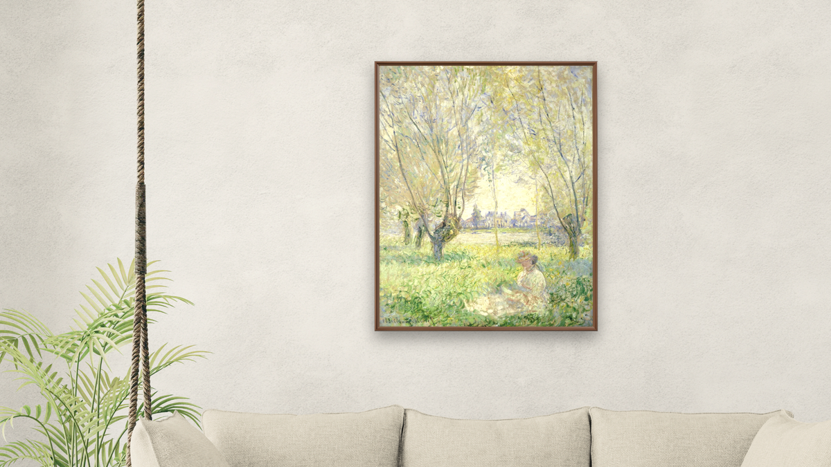 Woman Seated under the Willows by Claude Monet, shown at 30 × 40 in (76.2 × 101.6 cm) on canvas in Arber Warm Walnut, living
