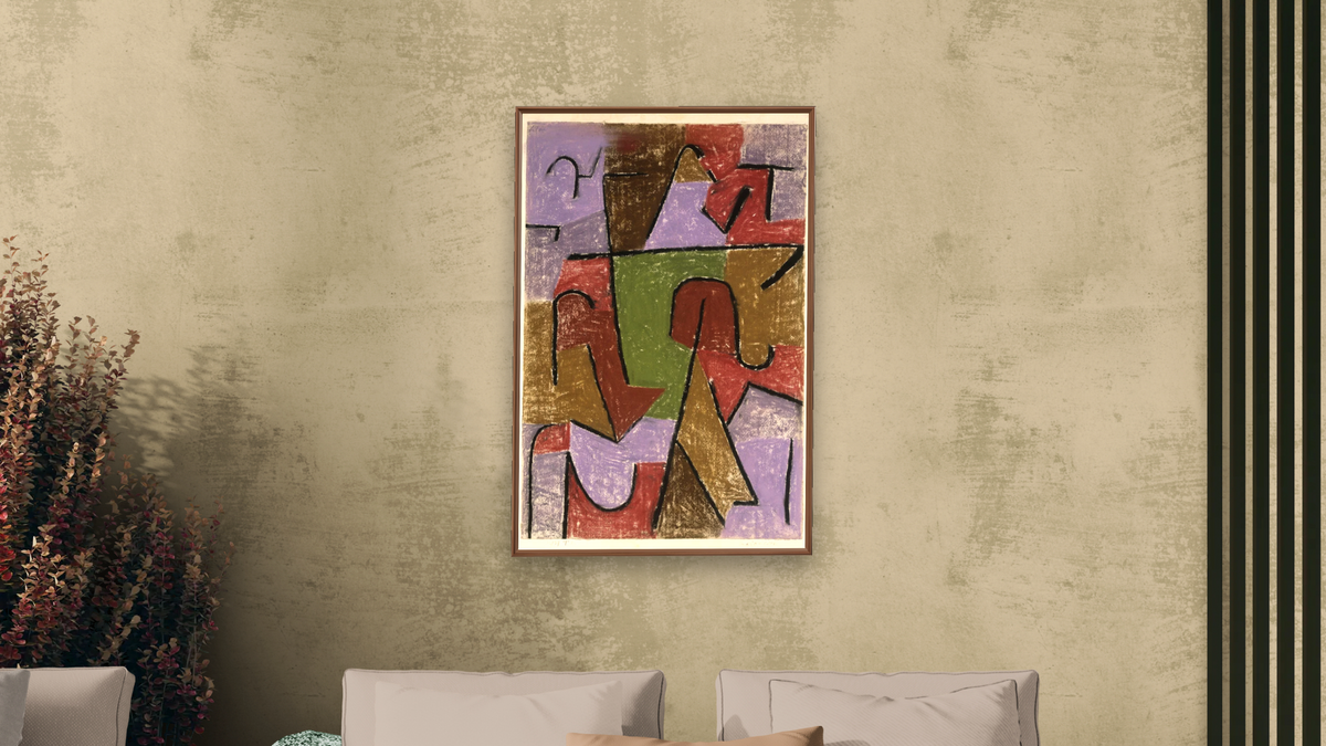 Indianisch by Paul Klee, shown at 28 × 42 in (71.1 × 106.7 cm) on canvas in Arber Warm Walnut, living