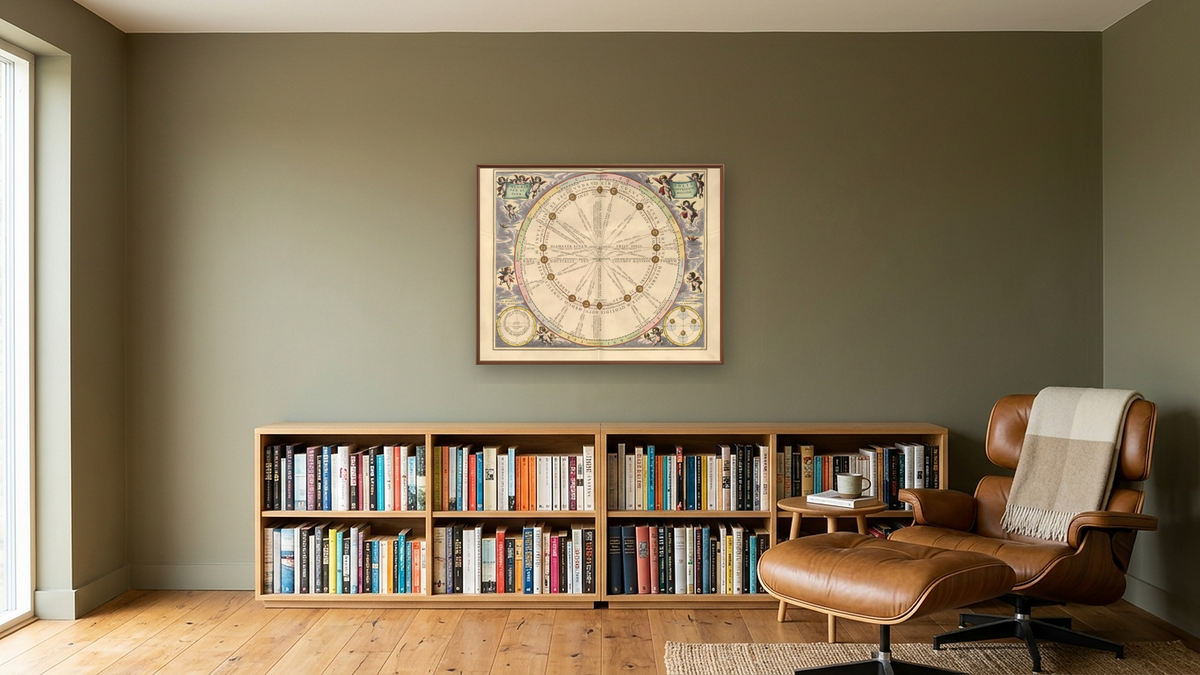 Plate 16 from Harmonia Macrocosmica by Andreas Cellarius, shown at 32 × 40 in (81.3 × 101.6 cm) on canvas in Arber Warm Walnut, library