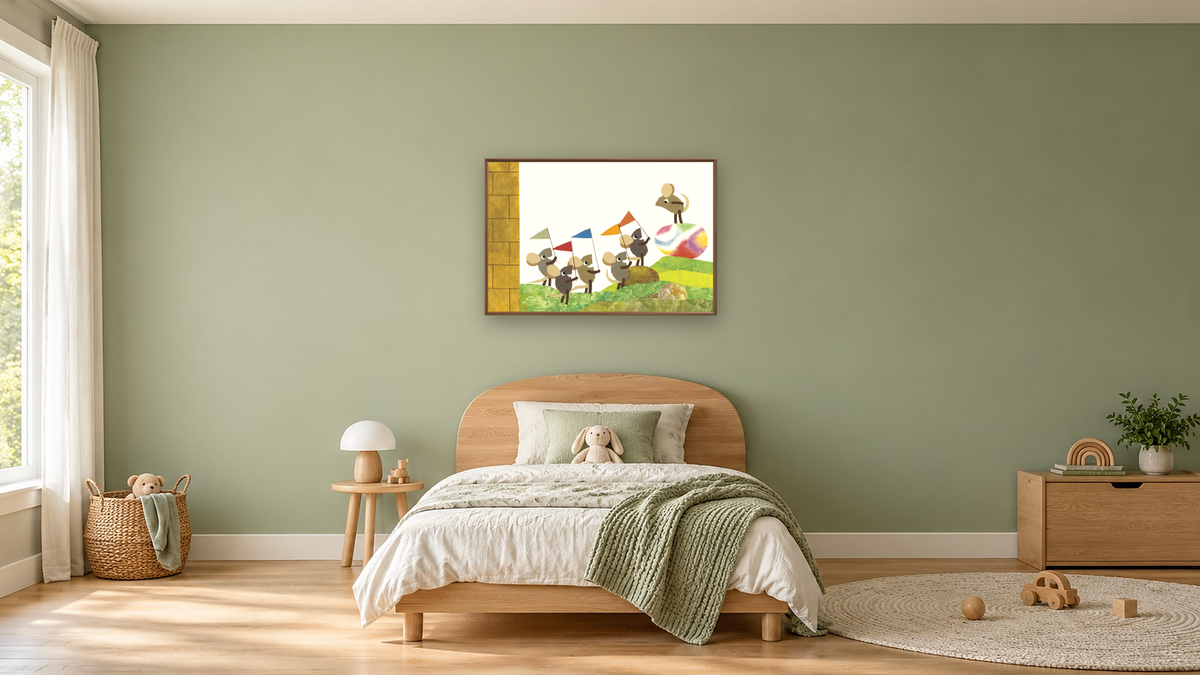 Tillie and the Wall I by Leo Lionni, shown at 28 × 42 in (71.1 × 106.7 cm) on canvas in Arber Warm Walnut, kids' room