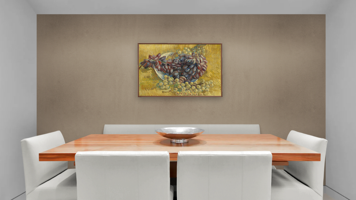 Grapes by Vincent van Gogh, shown at 28 × 42 in (71.1 × 106.7 cm) on canvas in Arber Warm Walnut, dining