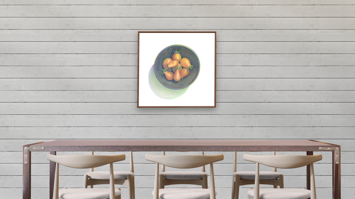 Yellow Tomatoes by Kirsten Söderlind, shown at 32 × 32 in (81.3 × 81.3 cm) on canvas in Arber Warm Walnut, dining