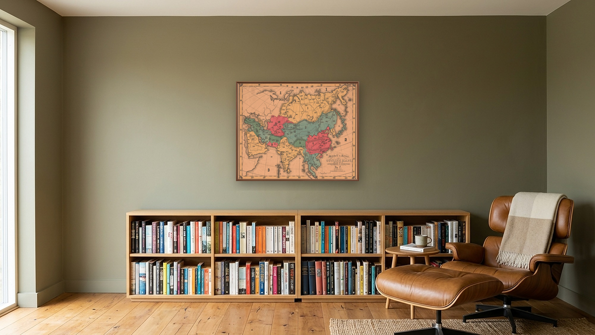 Asia, shown at 32 × 40 in (81.3 × 101.6 cm) on canvas in Arber Warm Walnut, library