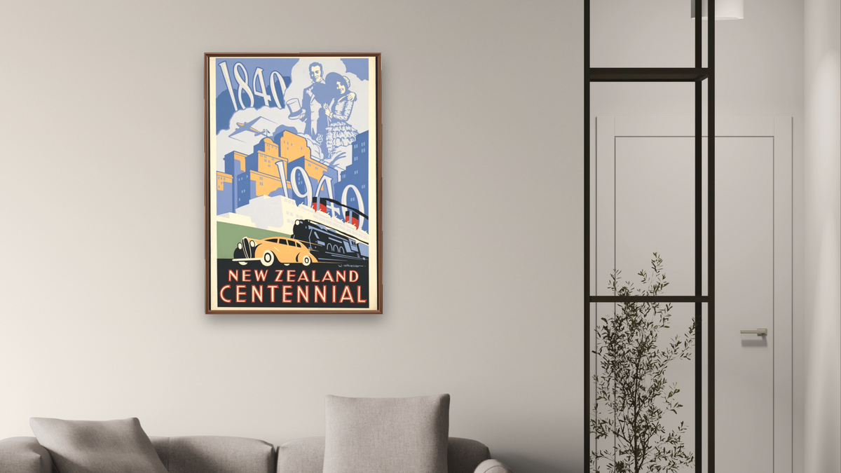 BPL Travel Posters, shown at 28 × 42 in (71.1 × 106.7 cm) on canvas in Arber Warm Walnut, living