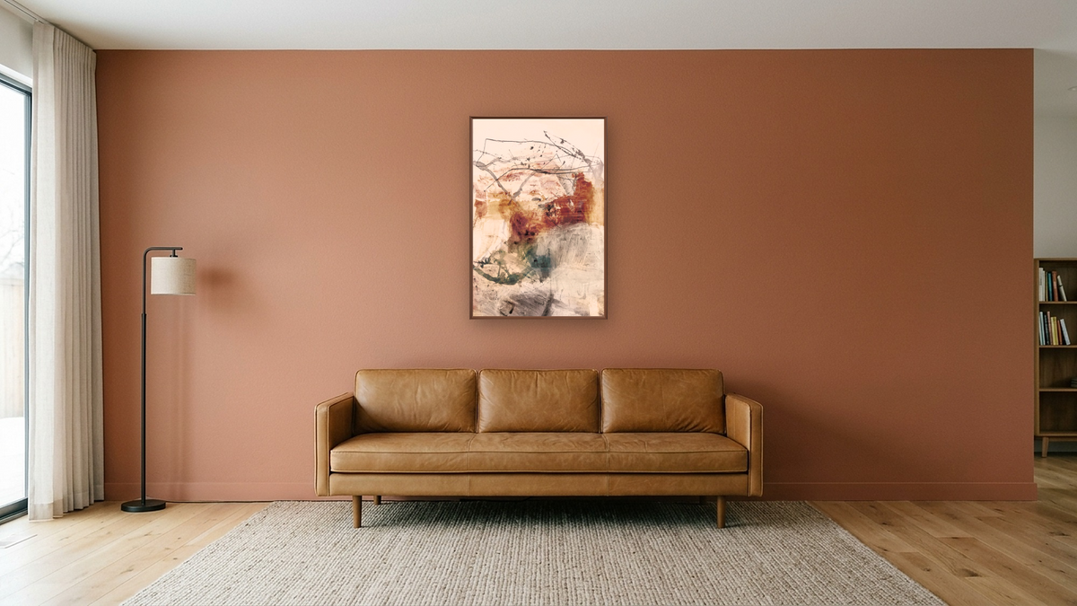 Native by Dan Hobday, shown at 28 × 42 in (71.1 × 106.7 cm) on canvas in Arber Warm Walnut, media room