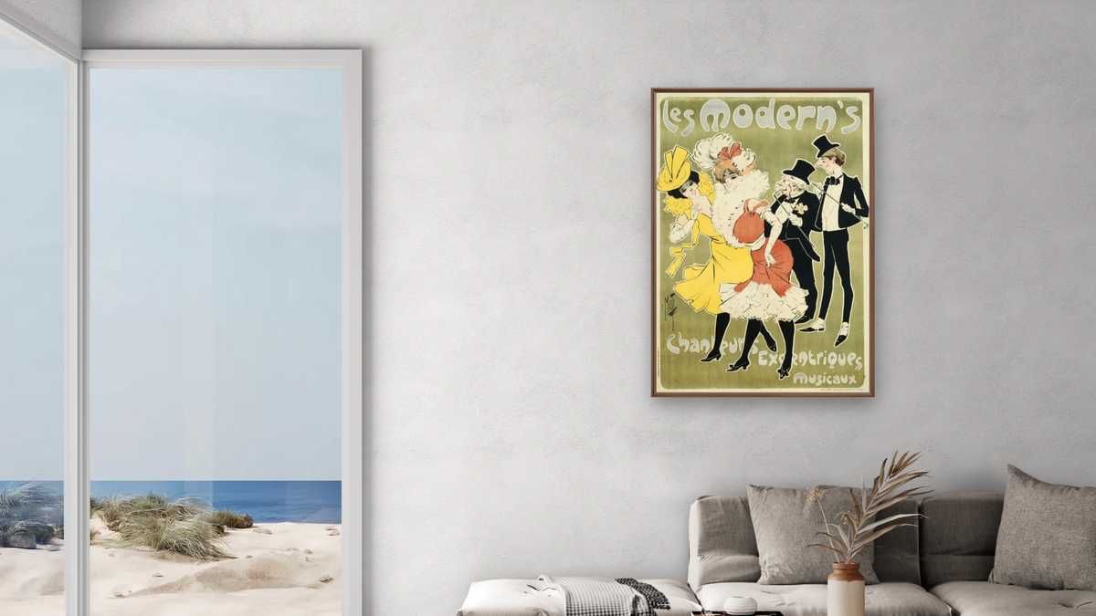 Les Modern's Poster by Misti, shown at 28 × 42 in (71.1 × 106.7 cm) on canvas in Arber Warm Walnut, living