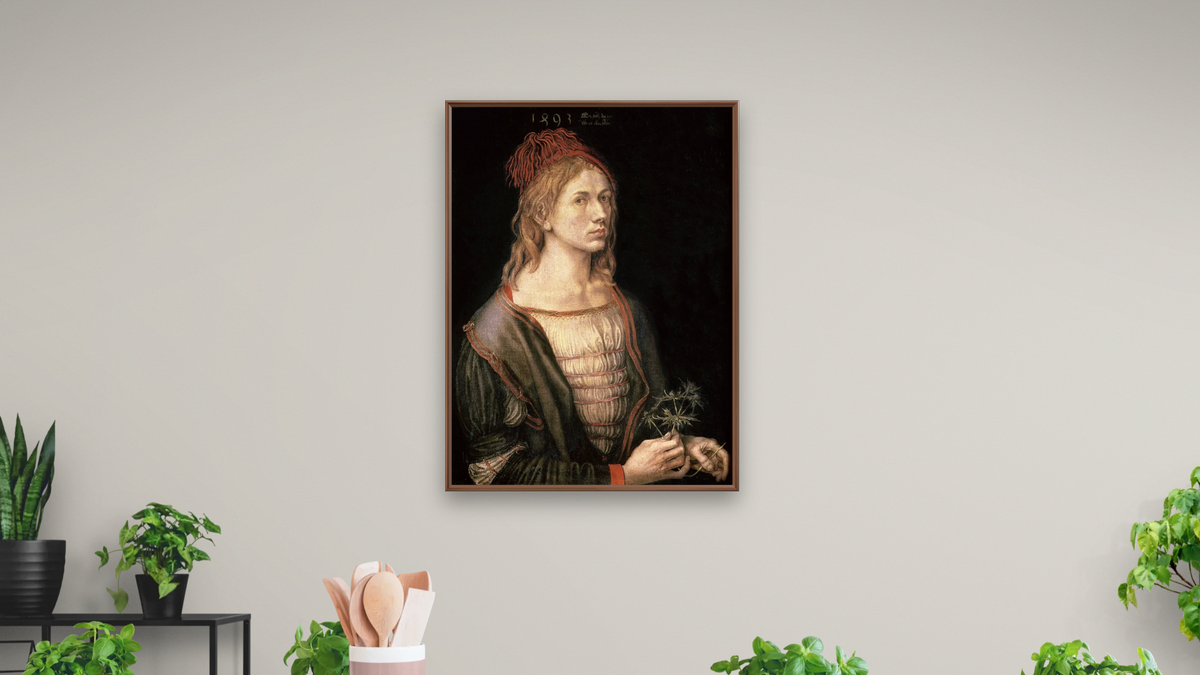 Self Portrait with a Thistle by Albrecht Dürer, shown at 30 × 40 in (76.2 × 101.6 cm) on canvas in Arber Warm Walnut, dining