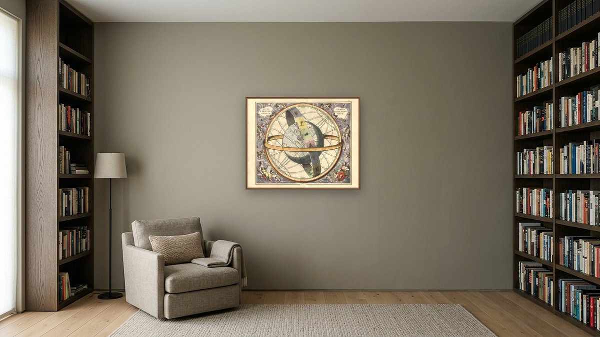 Plate 11 from Harmonia Macrocosmica by Andreas Cellarius, shown at 32 × 40 in (81.3 × 101.6 cm) on canvas in Arber Warm Walnut, library
