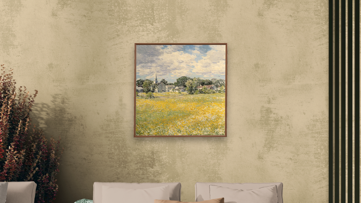Buttercup Time by Willard LeRoy Metcalf, shown at 32 × 32 in (81.3 × 81.3 cm) on canvas in Arber Warm Walnut, living