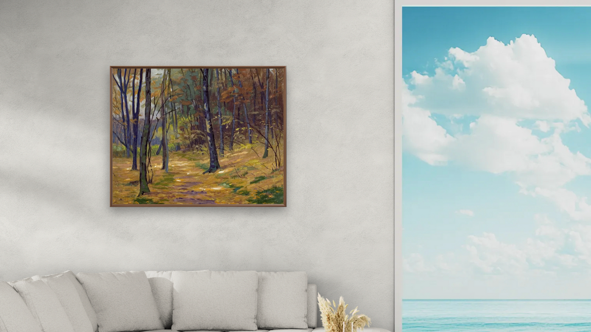 A Grey Day by Frank V. Dudley, shown at 32 × 40 in (81.3 × 101.6 cm) on canvas in Arber Warm Walnut, living